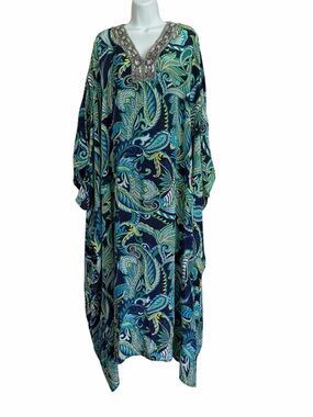 Soft Surroundings Green Blue V-neck Caftan Kaftan Maxi Dress Size L/XL Coverup